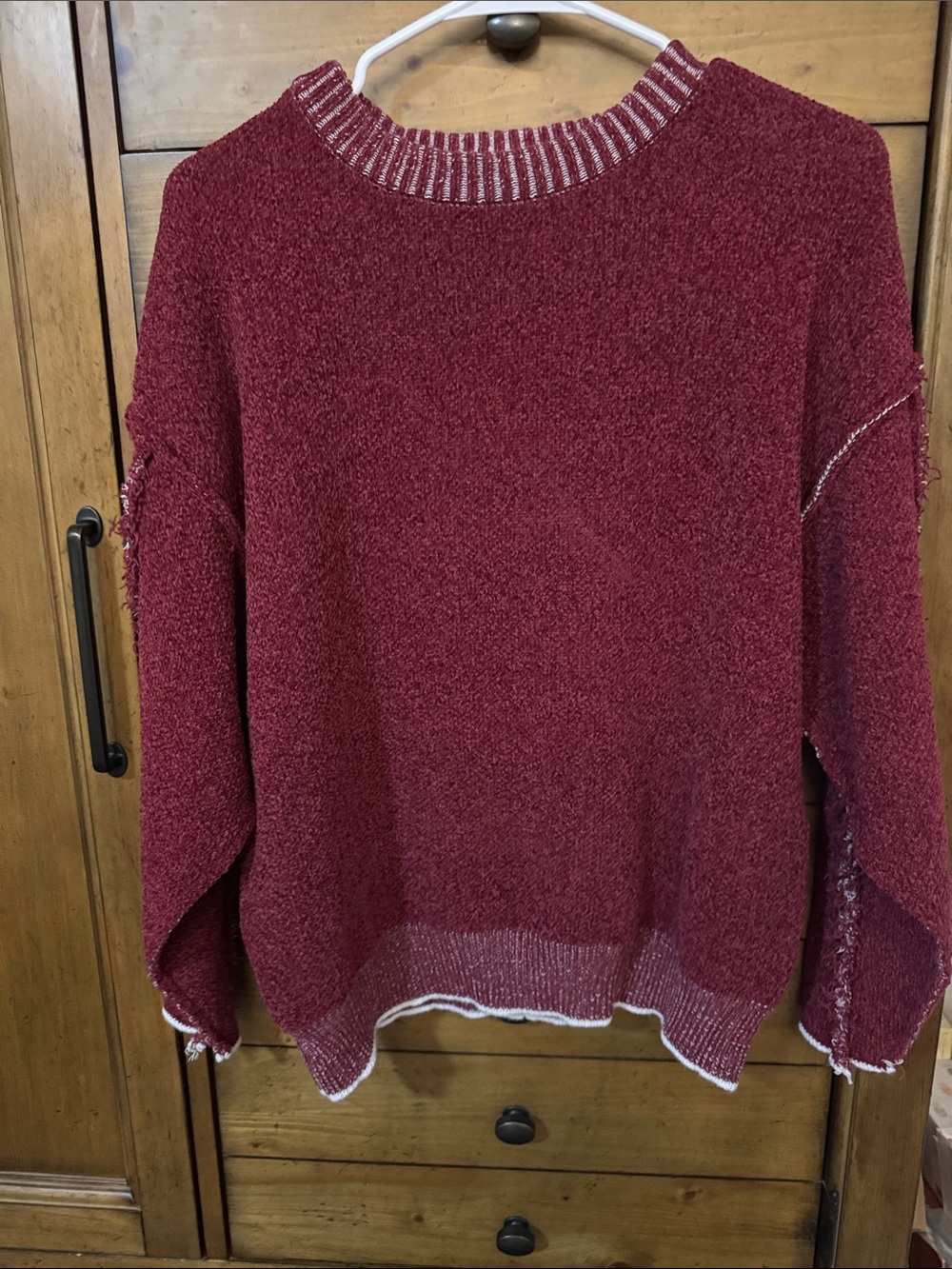 Zenana Outfitters Maroon Crewneck Sweater with Contrast Trim
